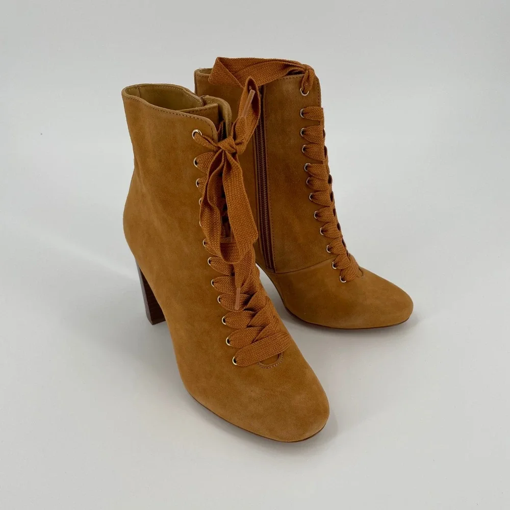 Sézane Alicia Suede Lace Up Ankle Boots Camel Block Heel EU 37 US 6